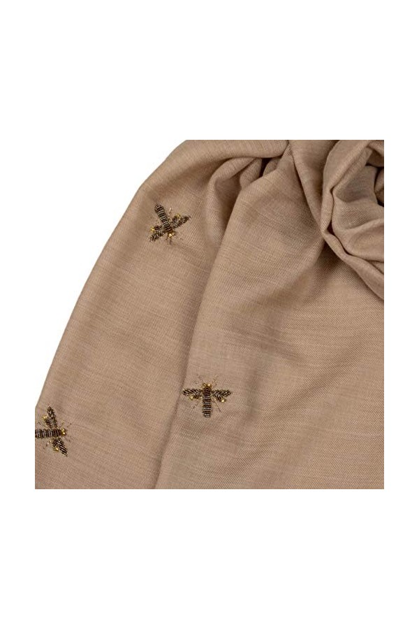 Écharpe Femme Anais Main Brodée Abeille Beige Laine Coton