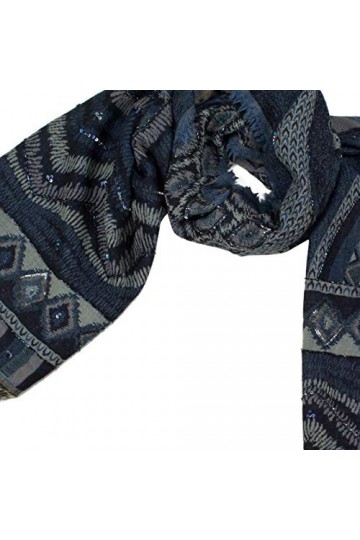 Shirin Sehan Écharpe tissée pour femme Rebana - Bleu - Multicolore - En laine - Écharpe à paillettes brodée à la main