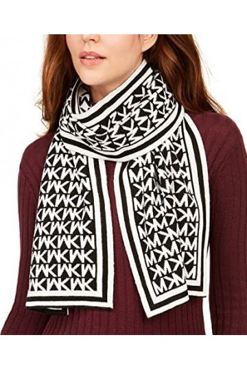 Michael Kors Bordered MK Logo Print Muffler Scarf Black Cream 