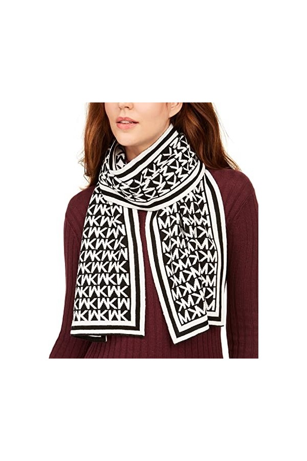 Michael Kors Bordered MK Logo Print Muffler Scarf Black Cream 