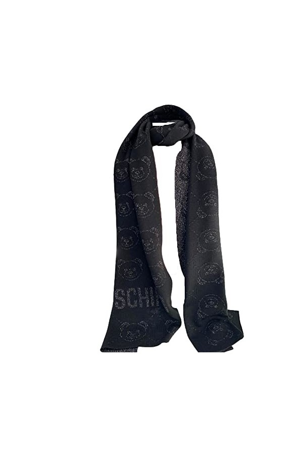 Moschino Écharpe teddy face laminé noir et argent, Noir , 30x180cm