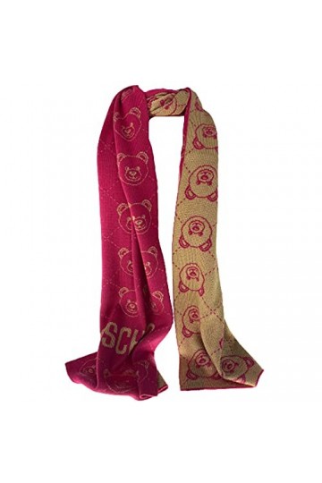 Moschino Écharpe fuchsia et or avec visage teddy lurex, Fuchsia / Or, 30x180cm