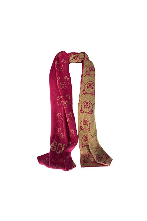 Moschino Écharpe fuchsia et or avec visage teddy lurex, Fuchsia / Or, 30x180cm