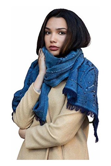 Shirin Sehan Écharpe en laine pour femme - Brodée à la main - Agnessa - Bleu à paillettes - 100 % laine