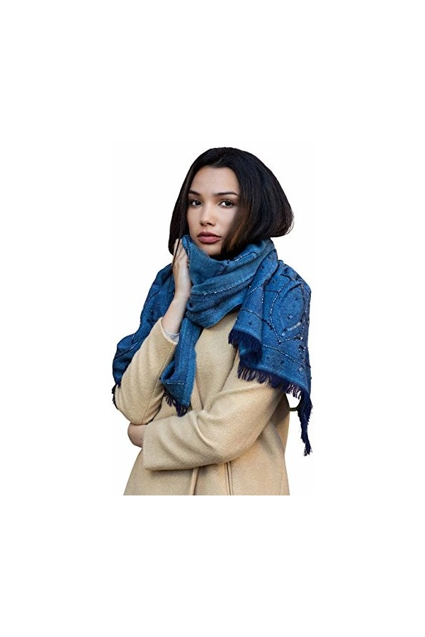 Shirin Sehan Écharpe en laine pour femme - Brodée à la main - Agnessa - Bleu à paillettes - 100 % laine