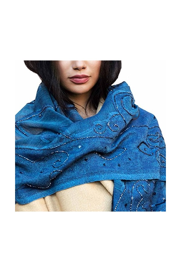 Shirin Sehan Écharpe en laine pour femme - Brodée à la main - Agnessa - Bleu à paillettes - 100 % laine