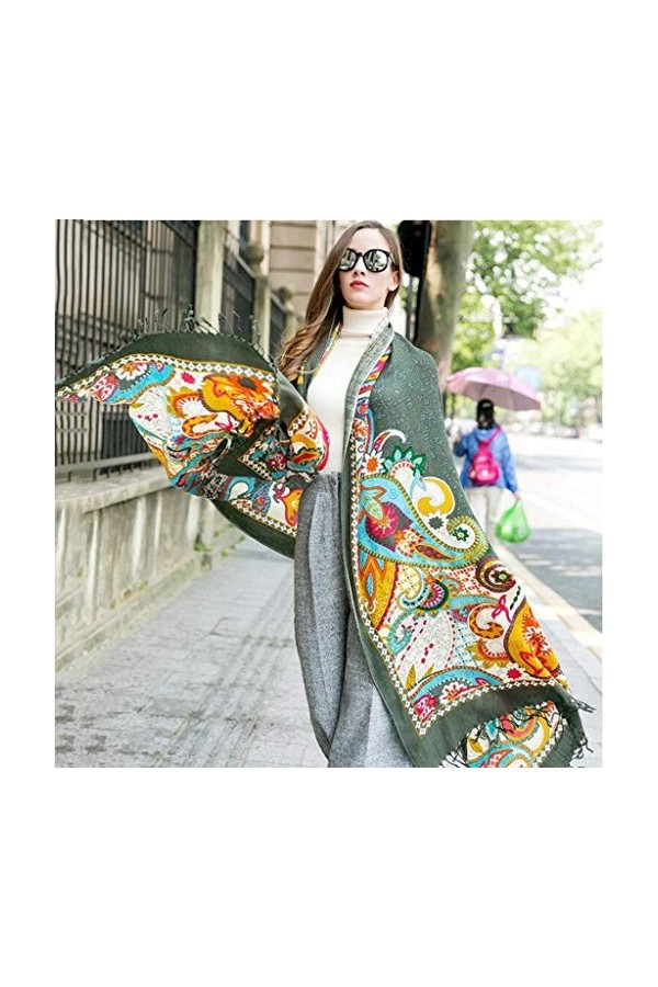 Echarpes Foulards Longue Et Douce dhiver Chaude pour Femme Châle À Franges Enveloppé Châle Imprimé Vert Foncé 100% Cachemire