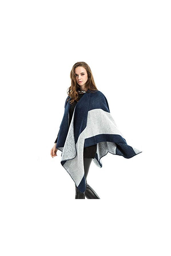 Écharpe Poncho Femme Bleu-Gris Grand Châle Double Usage Grand Épaissi Super Doux Hiver Chaud Dames Grande Écharpe Mode Hiver 
