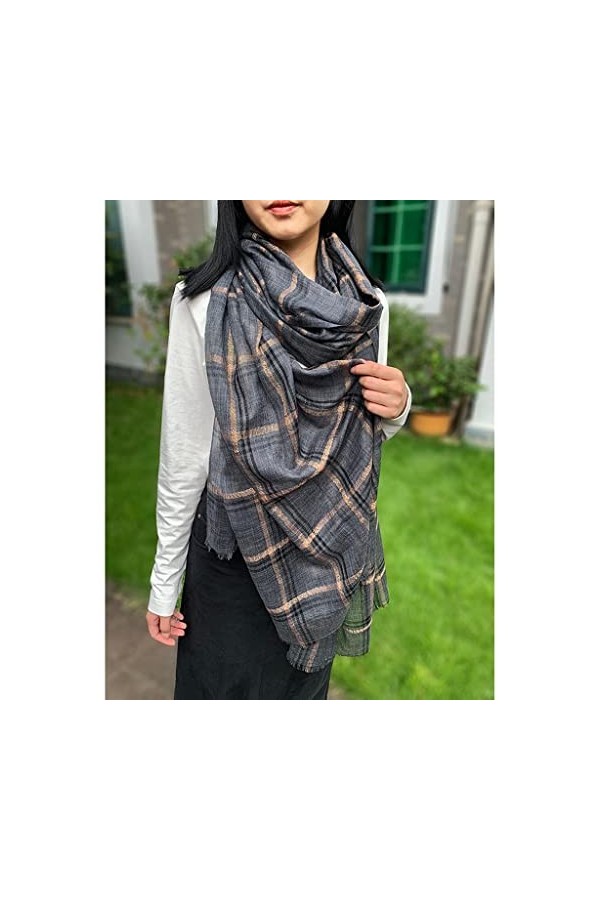 ASFD 100% Laine châle Noble tempérament Section Mince écharpes Dames Automne/Hiver Gris Or Soie Plaid Cachemire écharpe