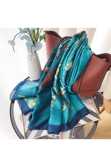 VducK Foulard en soie quatre saisons for femmes, écharpe en gaze imprimée assortie avec tout, châle bleu, écharpe longue à do