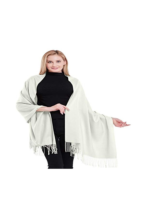 CJ Apparel Blanc Couleur Unique Style Tissé en Sergé 100% Cachemire Châle Echarpe Manteau Etole Plaid Pashmina Nouvelle
