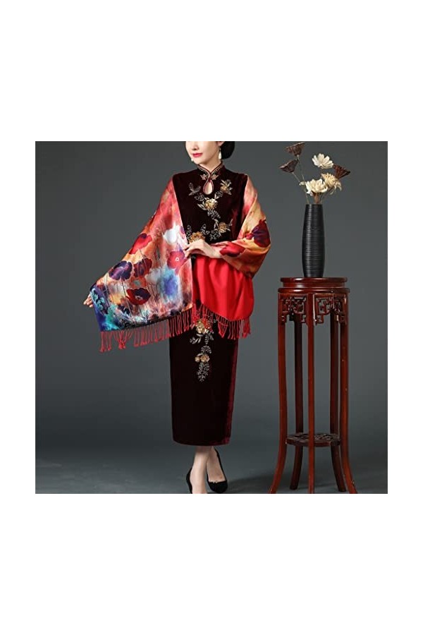 Kigauru Écharpe Style Ethnique Quotidien Soie Longue Impression Chaud à lextérieur avec écharpe à Franges Longue écharpe châ