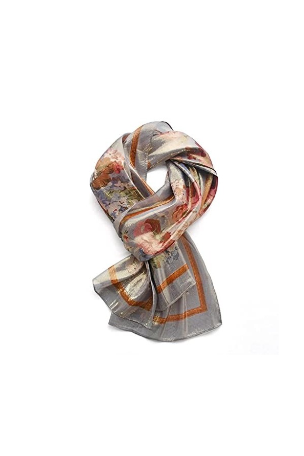 GRETD Soie longue écharpe Femmes Gold Soie Imprimé Soie Écharpe Châle Turban Automne Mesdames Color : A, Size : One size 