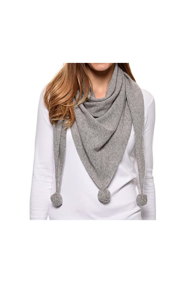 LES POULETTES - Echarpe Triangle Pompon 100% Cachemire 2 Fils - Gris clair