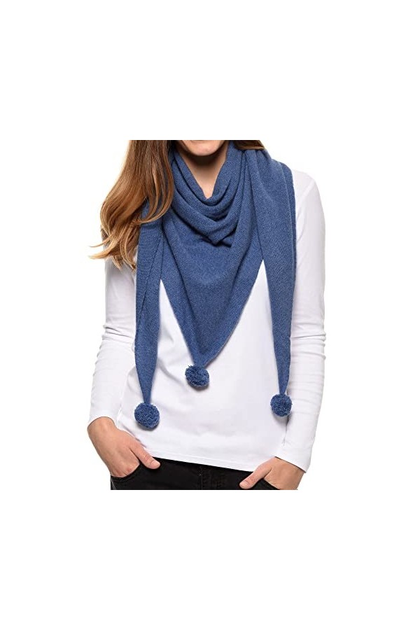 LES POULETTES - Echarpe Triangle Pompon 100% Cachemire 2 Fils - Bleu Navy