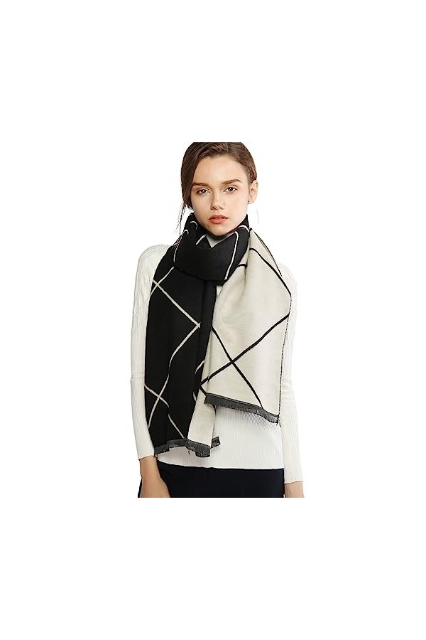 RIIQIICHY Plaid Écharpe Pashmina Châle Etole Pour Femme Hiver Cachemire Grande Réversible Écharpes Noir et Beige