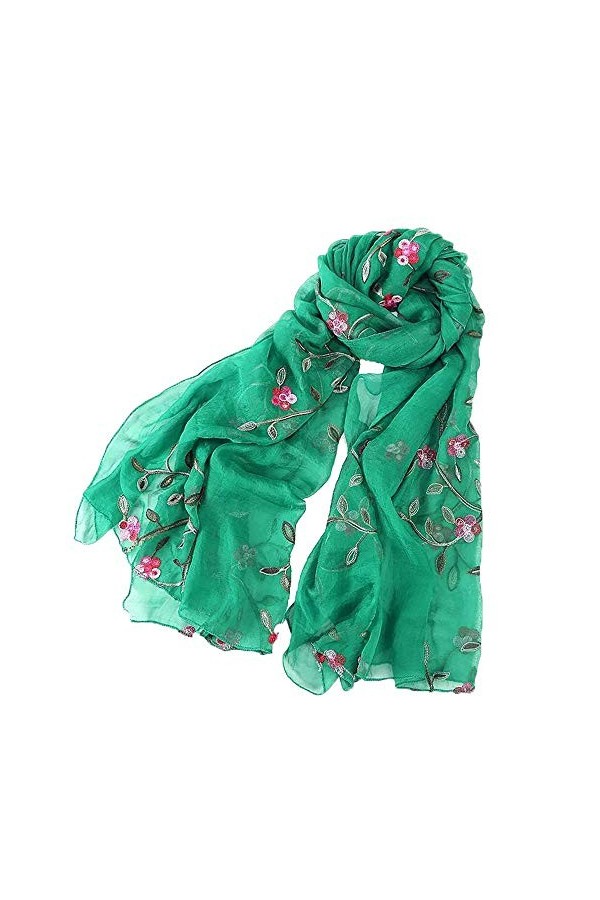 Pluto & Fox Foulard Femme Brodé de Fleurs Foulard en Soie Elégant Design Rétro Foulard Etole de Cou Vert 1 
