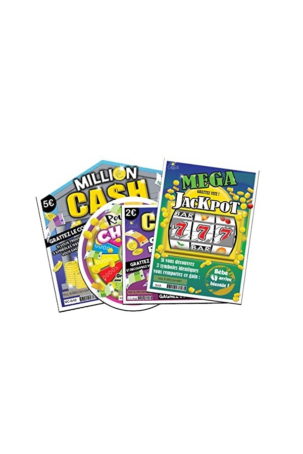 Carte à gratter Annonce Grossesse - bébé arrive bientôt ! 4 Cartes"Bébé arrive bientôt!" Million cash, mega jackpot, Roue d