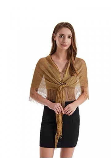 JK Home Châle Triangle Multifonctionnel Femme 190x60cm Etole Métallique Echarpe avec Frange Brillant pour Mariage Bal Cocktai