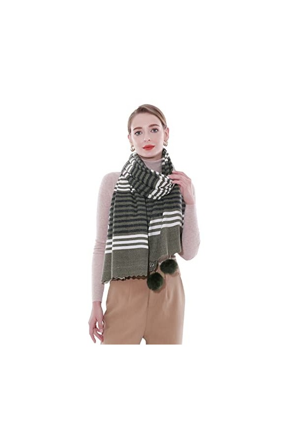 SWAT PANY Écharpes et châles pour femmes Vert Pashmina châle Chaud Etole Hiver Longues Grande Style Rayé（avec boule de poils）