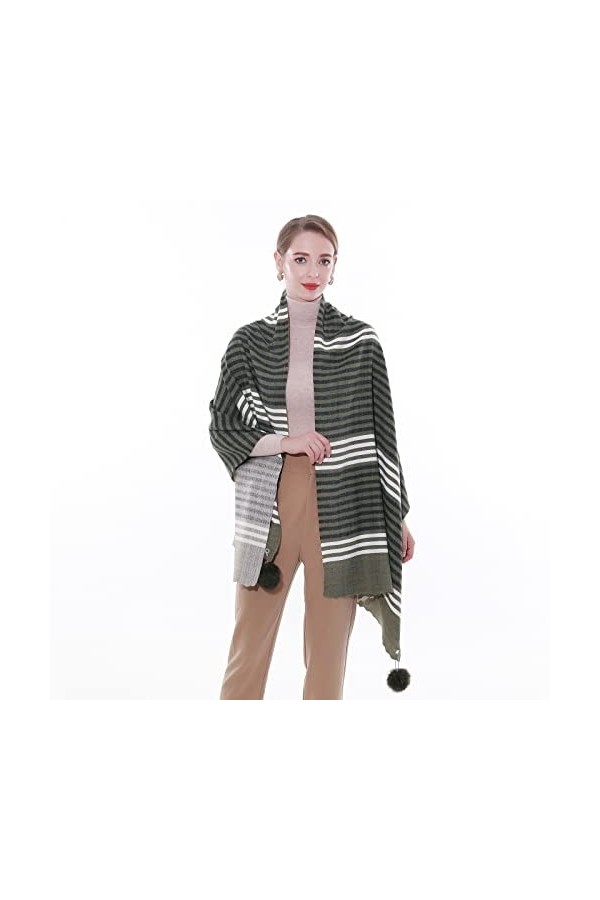 SWAT PANY Écharpes et châles pour femmes Vert Pashmina châle Chaud Etole Hiver Longues Grande Style Rayé（avec boule de poils）