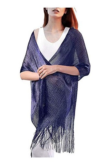 LVOW Femme Pétillant Echarpe Châle Étole Pour Cocktail Robes de soirée Foulard Avec des Franges Bleu marine 