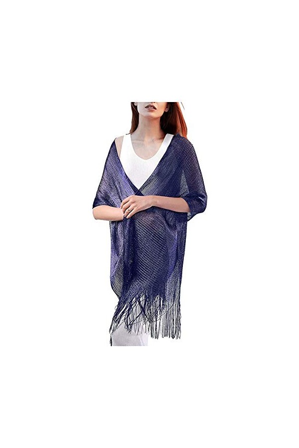 LVOW Femme Pétillant Echarpe Châle Étole Pour Cocktail Robes de soirée Foulard Avec des Franges Bleu marine 