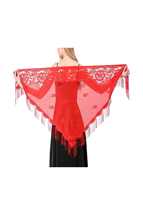 JK Home 184.5x74cm Echarpe Triangle en Dentelle Foulard Floral Châle Femme Chic Mariage Rouge