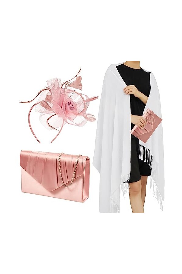 Sinmoe 3 Accessoires de Costume Mariage, Châle Blanc Fascinateur de Plume Rose avec Clip Pochette en Satin Rose Soirée Bal