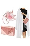 Sinmoe 3 Accessoires de Costume Mariage, Châle Blanc Fascinateur de Plume Rose avec Clip Pochette en Satin Rose Soirée Bal