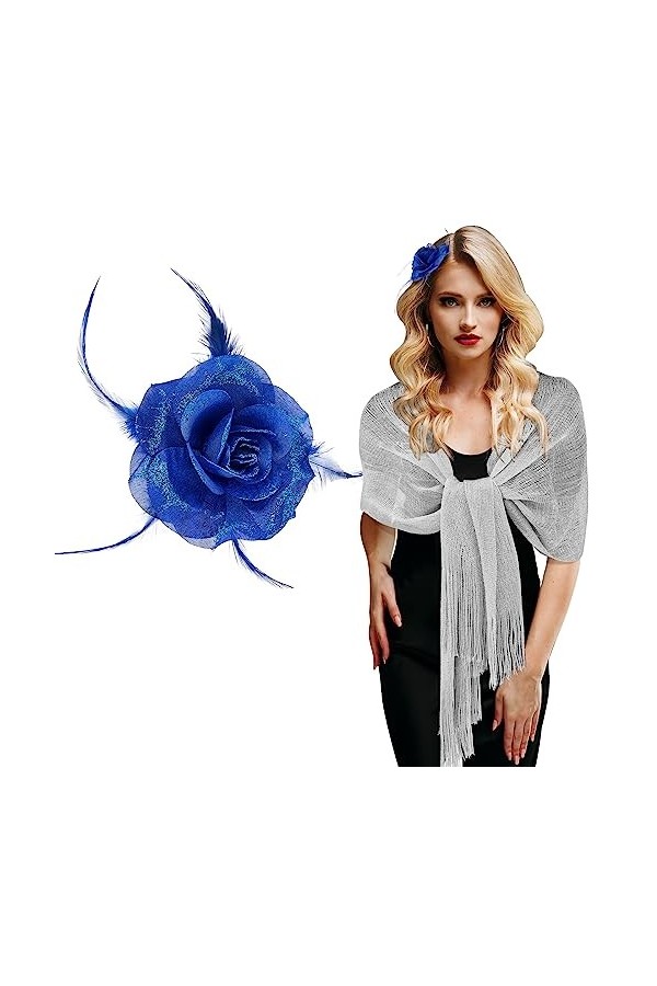 Jadive 2 Pcs Châle Argenté Métallique Écharpe Étole de Soirée Bal Pince de Fascinateur Clip à Cheveux de Rose Bleue Mariage