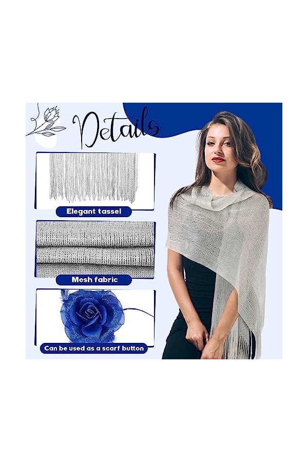 Jadive 2 Pcs Châle Argenté Métallique Écharpe Étole de Soirée Bal Pince de Fascinateur Clip à Cheveux de Rose Bleue Mariage