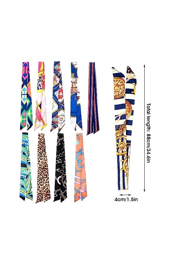 Yolev 10 Pièces Foulard Cheveux Femme Soie Mixed Design Satin Bandana Cheveux Fashion Étroit Sac À Main Poignée Wrap Ruban Ch