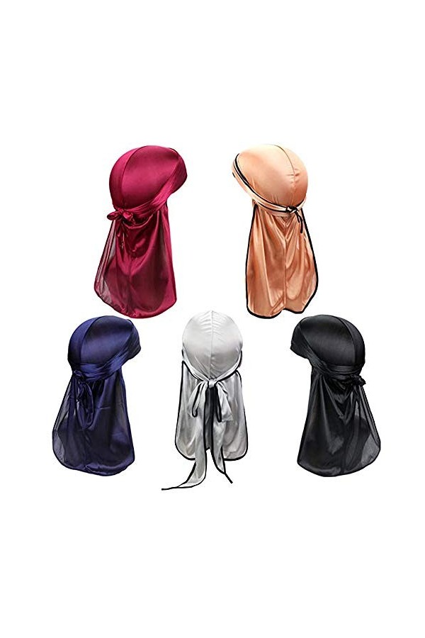 Durag 5 Pcs - Durags en Soie Pour Hommes Femmes, Casquette Soyeuse 360 Degrés Wave Bandana Pirate, Satin Durag Cap Head Banda