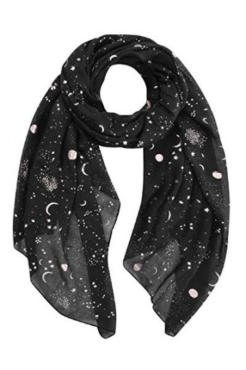 Tuopuda Femme Foulard Argent Étoile Feuille de Lune Paillette Imprimé Écharpe Foil Print Léger Doux Wraps Sparkly Châle Scint