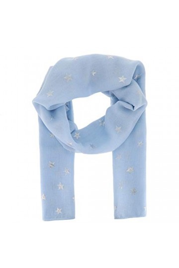 Foulard Femme à motif Etoile Argenté 30% Coton 70% Viscose Bleu ciel - Grand Foulard Léger Long et Rectangulaire 180cm x 70cm