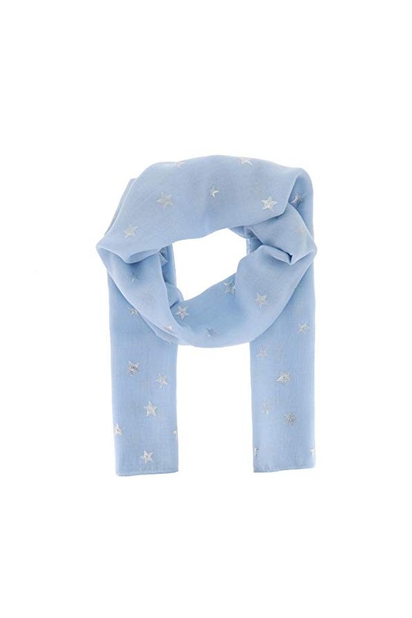 Foulard Femme à motif Etoile Argenté 30% Coton 70% Viscose Bleu ciel - Grand Foulard Léger Long et Rectangulaire 180cm x 70cm