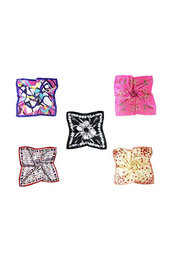 MESHIKAIER 5 Pack Petit Foulard Carré Femme en Satin Mini Foulard Dessin Imprimé 50x50cm Style 2 