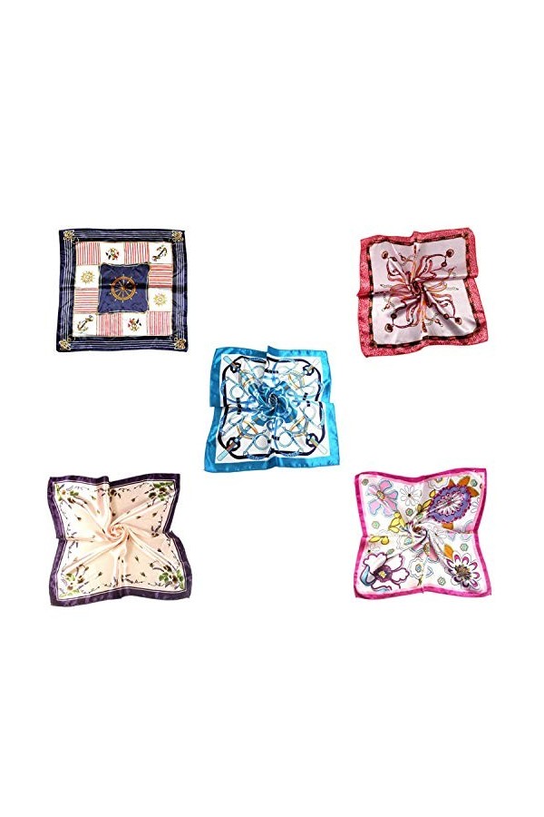 MESHIKAIER 5 Pack Petit Foulard Carré Femme en Satin Mini Foulard Dessin Imprimé 50x50cm Style 2 