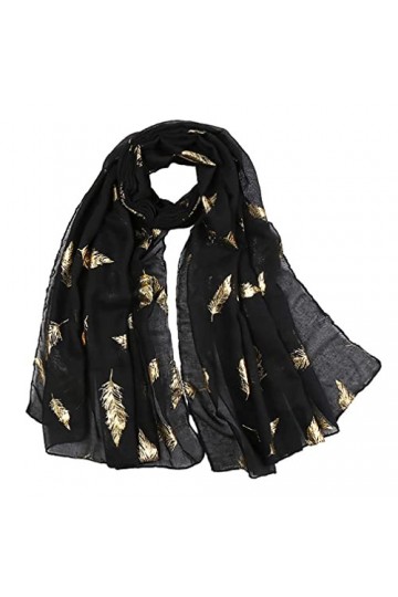 KAVINGKALY Plumes Écharpe Or Rose Paillettes Feuille Plume Imprimer Dames Fête De Mariage Mode Wrap Noir 