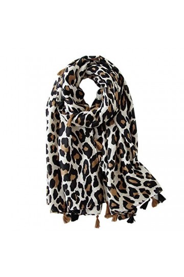 Soudittur Echarpe Femmes Hiver Pashmina Châle Coton Imprimé Léopard Longue Foulards Beige 