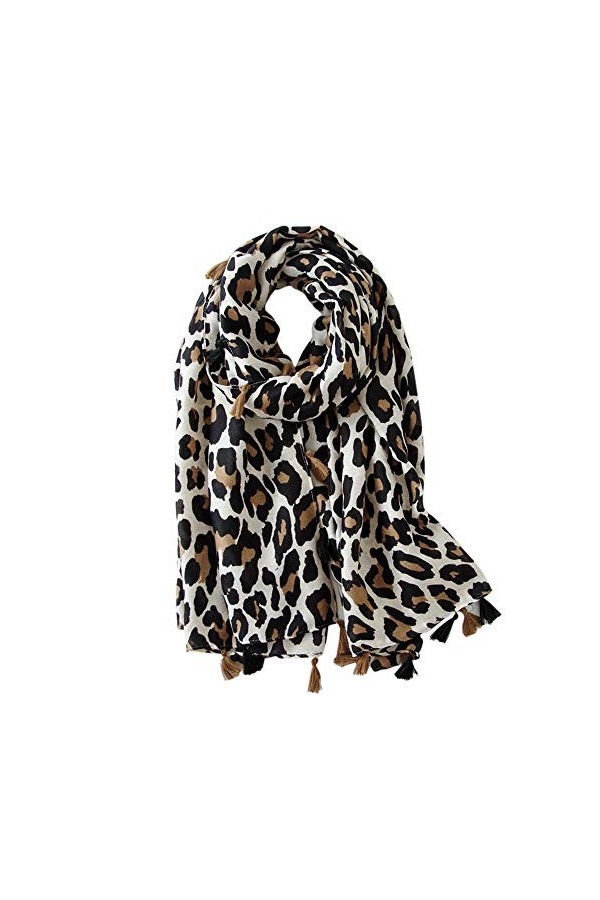 Soudittur Echarpe Femmes Hiver Pashmina Châle Coton Imprimé Léopard Longue Foulards Beige 