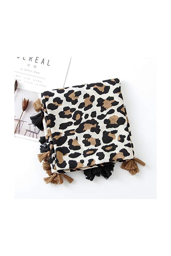 Soudittur Echarpe Femmes Hiver Pashmina Châle Coton Imprimé Léopard Longue Foulards Beige 