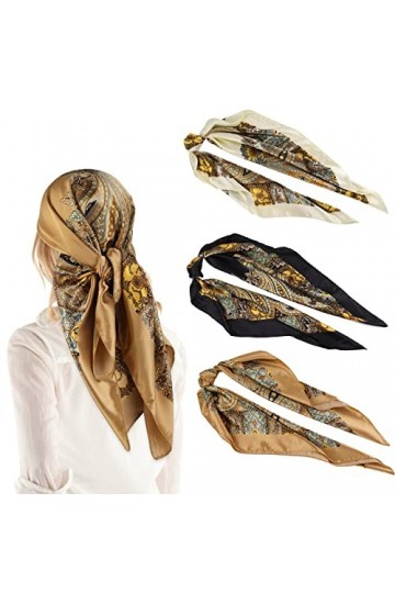 WLLHYF 3 PCS Foulard en Soie Femme Bandana Foulard Vintage Imprimé Élégant Style Rétro Grand Foulard en Soie Classique Vintag