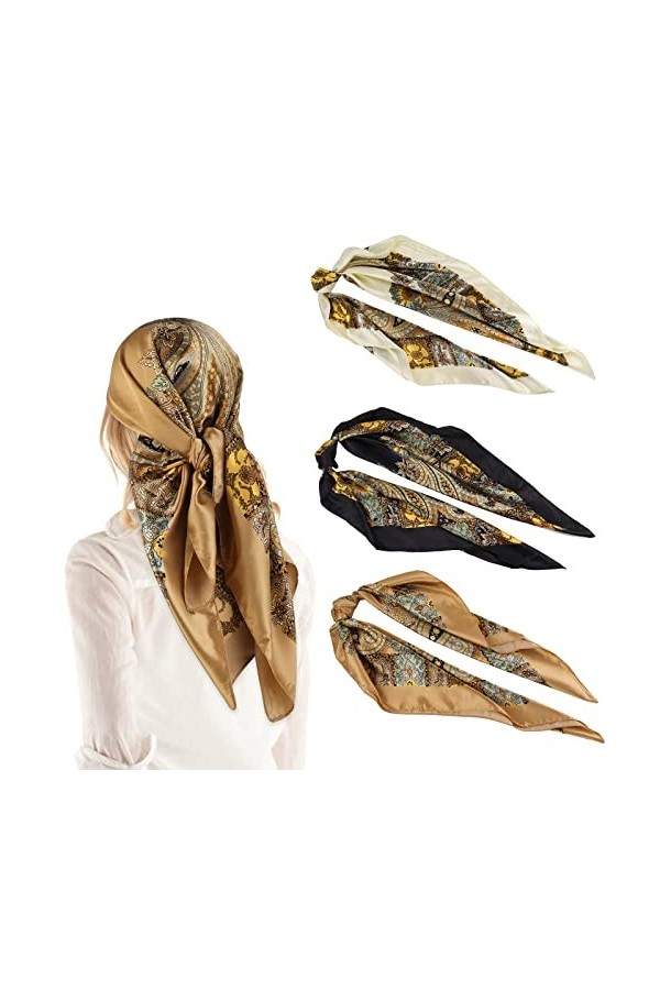 WLLHYF 3 PCS Foulard en Soie Femme Bandana Foulard Vintage Imprimé Élégant Style Rétro Grand Foulard en Soie Classique Vintag