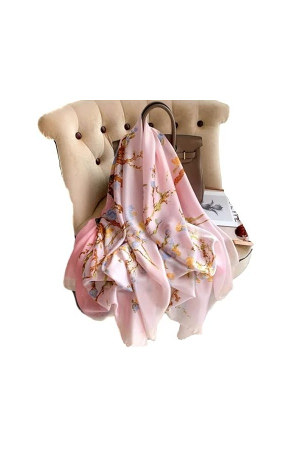 LA FERANI Van Gogh Écharpe design pour femme en soie rose Van Gogh élégante en mousseline de soie souple douce satin 180 x 90