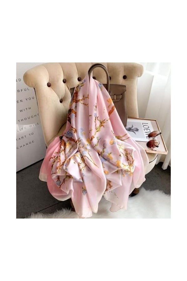 LA FERANI Van Gogh Écharpe design pour femme en soie rose Van Gogh élégante en mousseline de soie souple douce satin 180 x 90