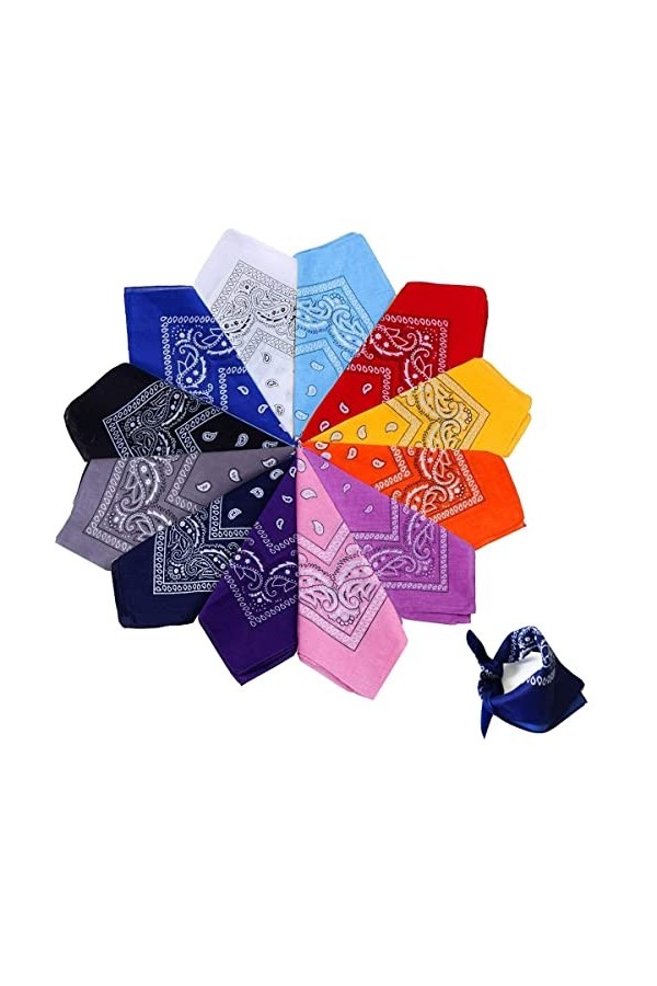 Xutong 12PCS Bandanas Fichu Mouchoir Unisexe,Bandeau de Cheveux,Echarpe de Cou,Décoration en Coton Rétro Style Multicolore Mu