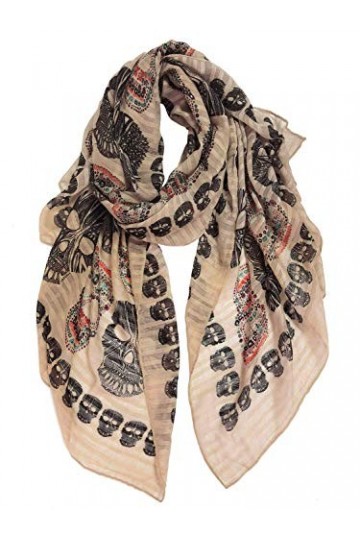 DAMILY Femme Écharpe Kaki à Imprimé Crânes Joli Dames Foulard Châle Fête Des Fantômes Longue Hallowmas Étole