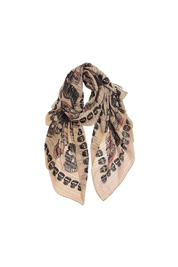 DAMILY Femme Écharpe Kaki à Imprimé Crânes Joli Dames Foulard Châle Fête Des Fantômes Longue Hallowmas Étole